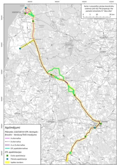 Elektropārvades līnijas Ventspils – Ziras – Brocēni – Varduva iespējamie trases koridori pec Ziņojuma sabiedriskās apspriešanas 
