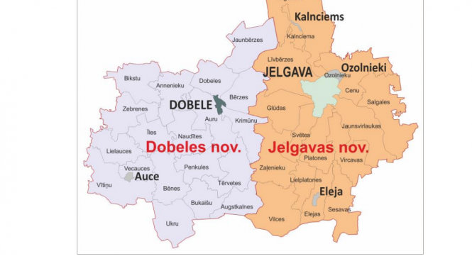 Viduslatvijas reģionālā atkritumu apsaimniekošanas plāna daļas Jelgavas valstspilsētas,  Dobeles un Jelgavas novadu teritoriju karte