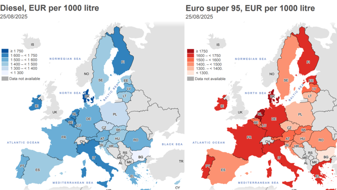 Vidējās degvielas cenas Eiropā