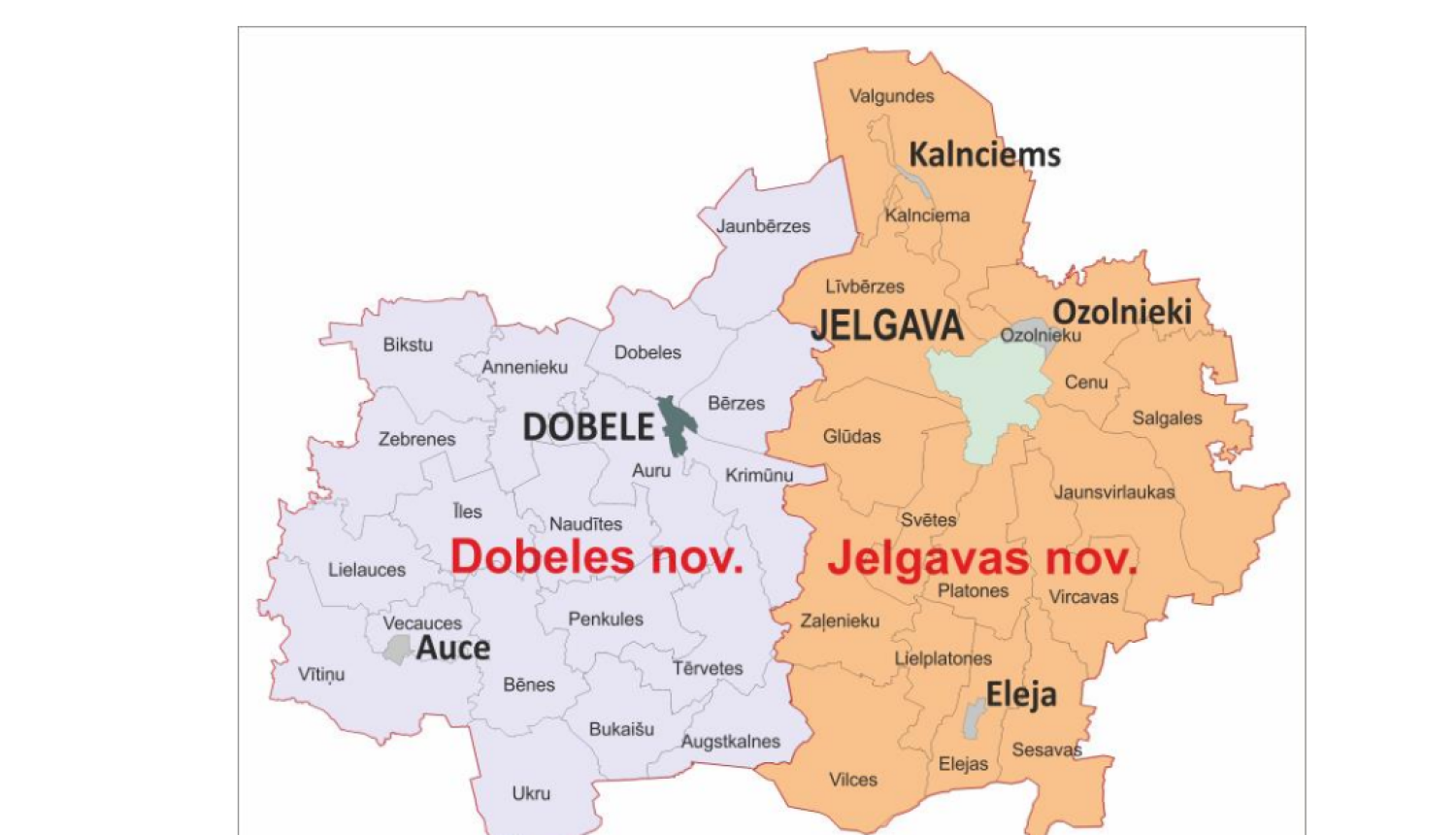 Viduslatvijas reģionālā atkritumu apsaimniekošanas plāna daļas Jelgavas valstspilsētas,  Dobeles un Jelgavas novadu teritoriju karte